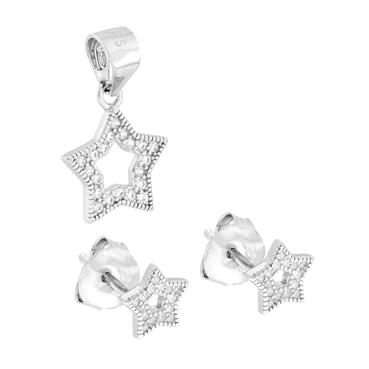 Parure Set Orecchini e Ciondolo Stella con Cubic Zirconia Bianchi in ARGENTO 925 Galvanica Rodio