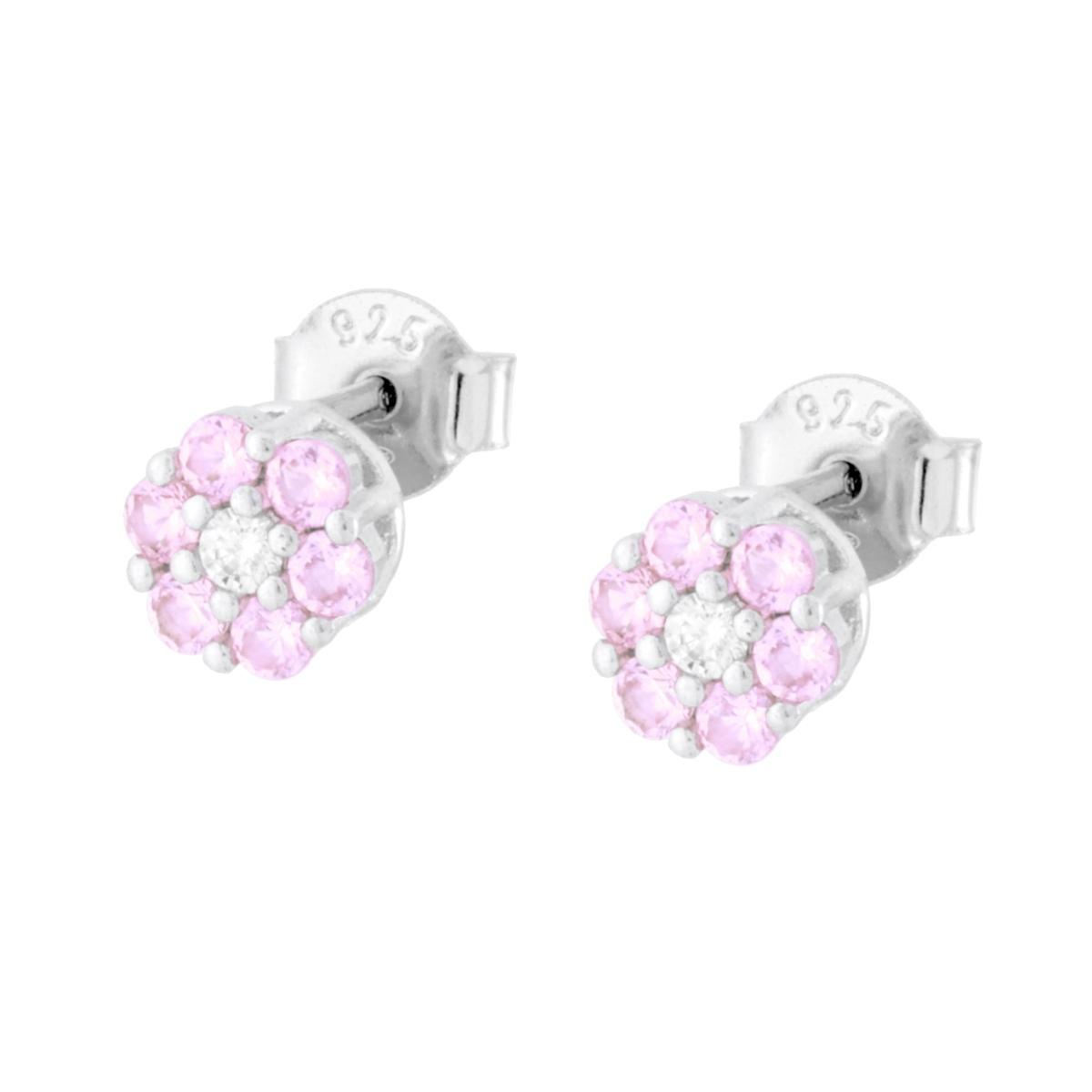 Orecchini Fiore con Cubic Zirconia Rosa e Bianchi in ARGENTO 925 Galvanica Rodio