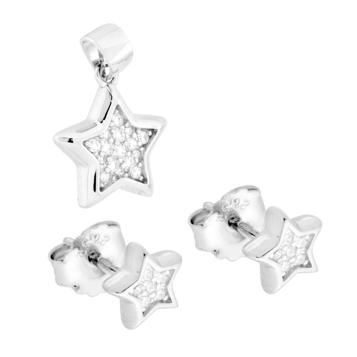 Parure Set Orecchini e Ciondolo Stella con Cubic Zirconia Bianchi in ARGENTO 925 Galvanica Rodio