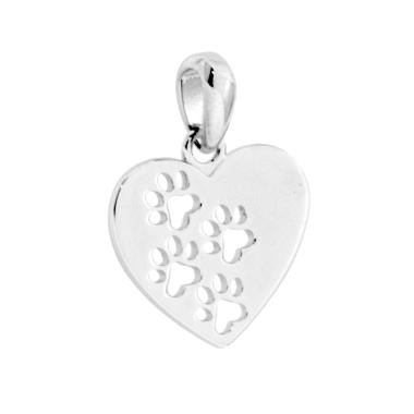 Ciondolo Piastrina Cuore con Impronte Zampa Cane in ARGENTO 925 Galvanica Rodio