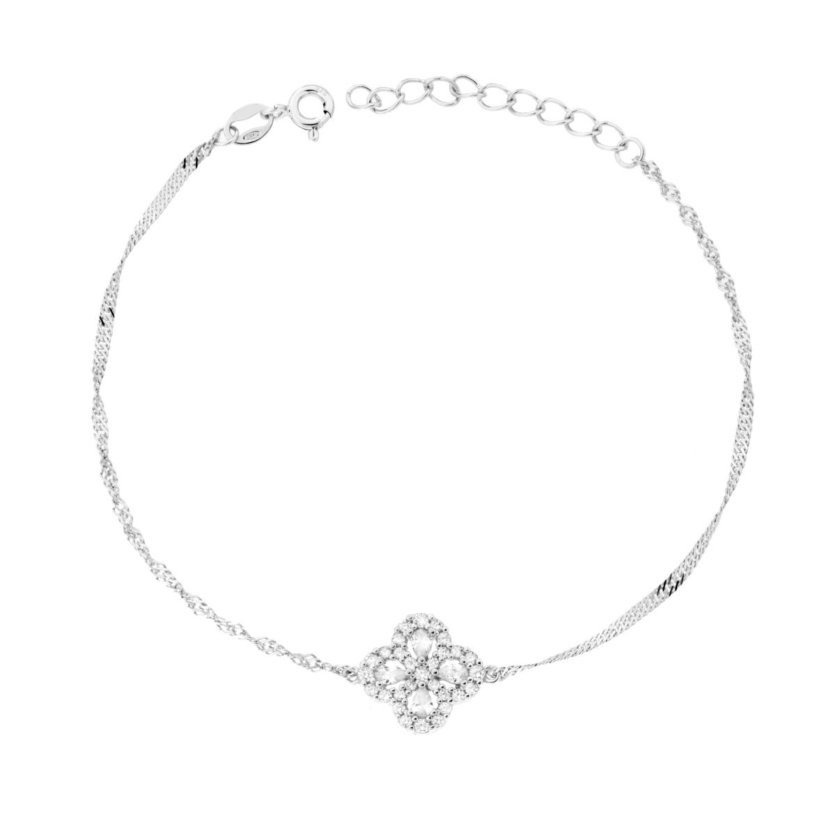 Bracciale Catena Singapore Diamantata con Quadrifoglio e Cubic Zirconia Bianchi in ARGENTO 925 Galvanica Rodio