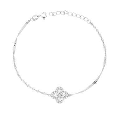 Bracciale Catena Singapore Diamantata con Quadrifoglio e Cubic Zirconia Bianchi in ARGENTO 925 Galvanica Rodio