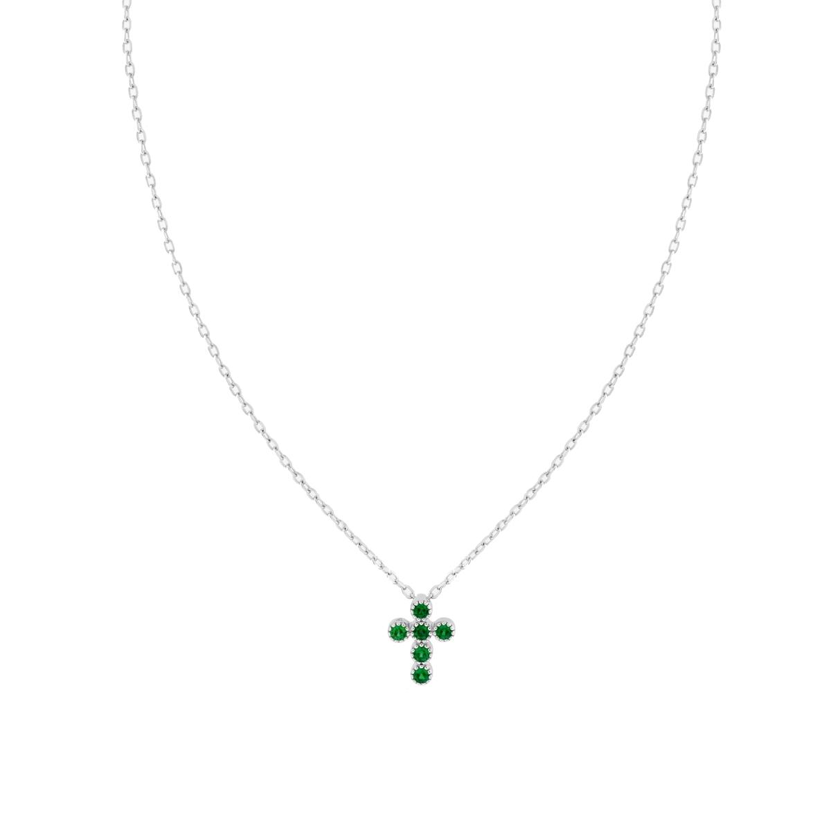 Collana Catena Forzatina Diamantata con Croce e Cubic Zirconia Verde Smeraldo in ARGENTO 925 Galvanica Rodio
