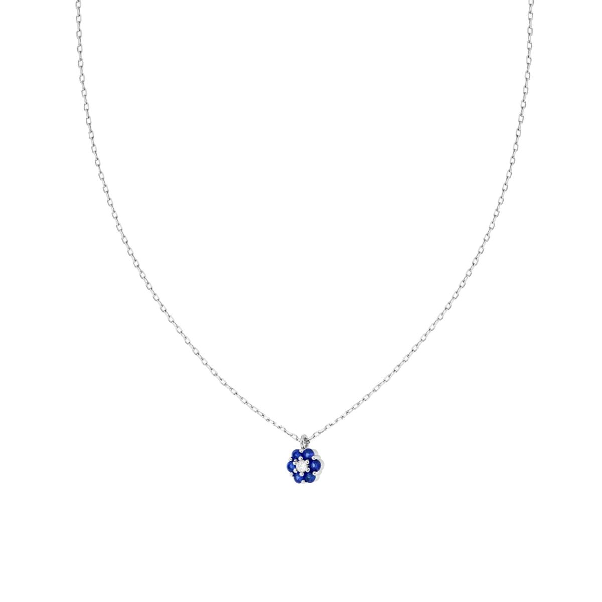 Collana Catena Forzatina Diamantata con Fiore e Cubic Zirconia Blu Zaffiro e Bianchi in ARGENTO 925 Galvanica Rodio