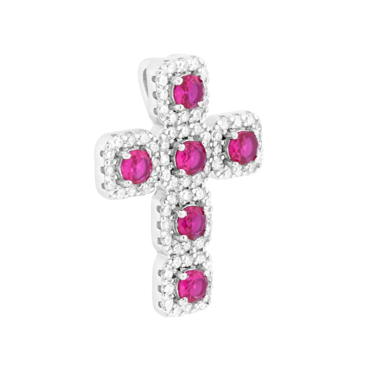 Ciondolo Croce con Cubic Zirconia Rosso Rubino e Bianchi in ARGENTO 925 Galvanica Rodio