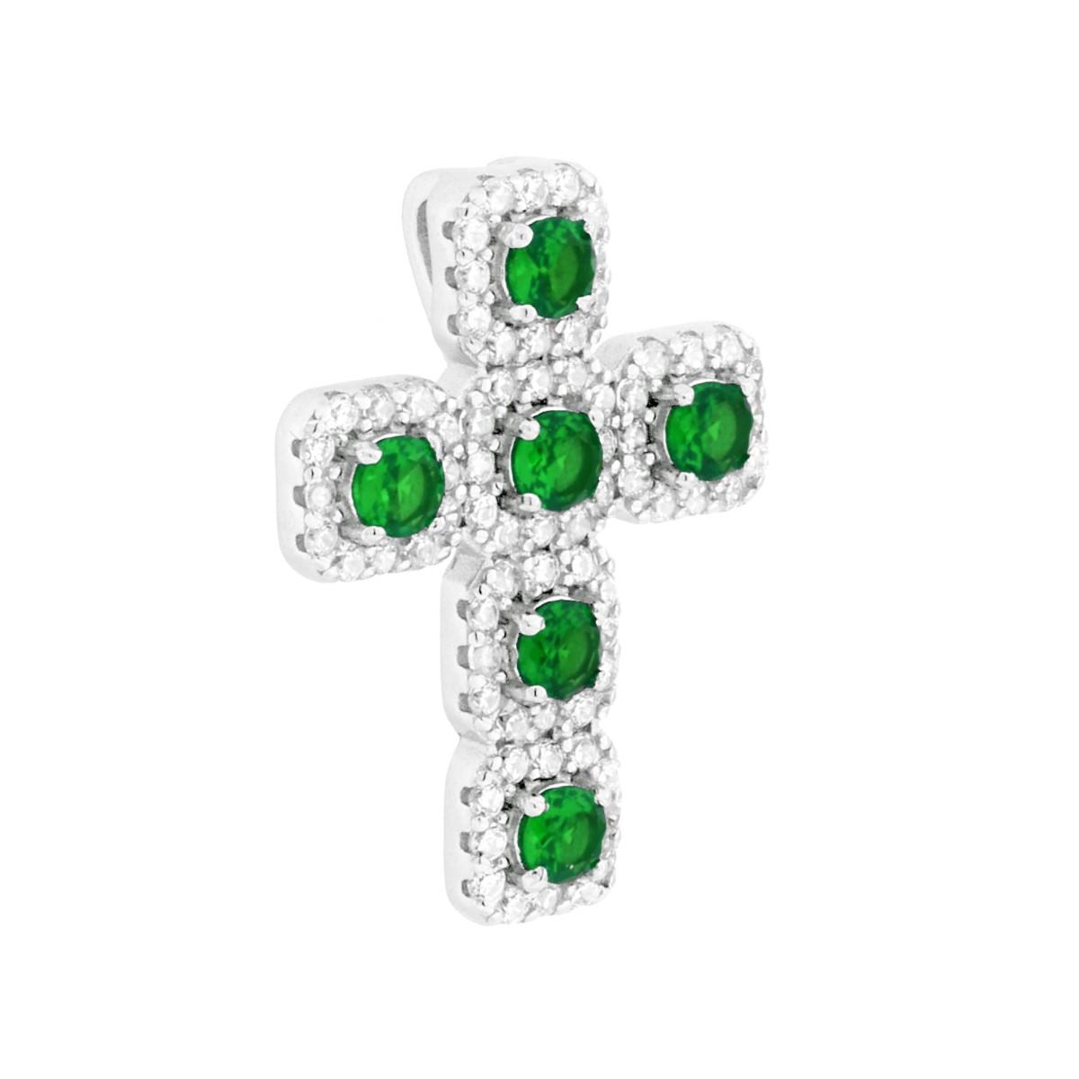 Ciondolo Croce con Cubic Zirconia Verde Smeraldo e Bianchi in ARGENTO 925 Galvanica Rodio