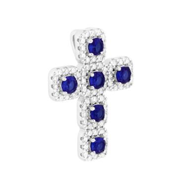 Ciondolo Croce con Cubic Zirconia Blu Zaffiro e Bianchi in ARGENTO 925 Galvanica Rodio