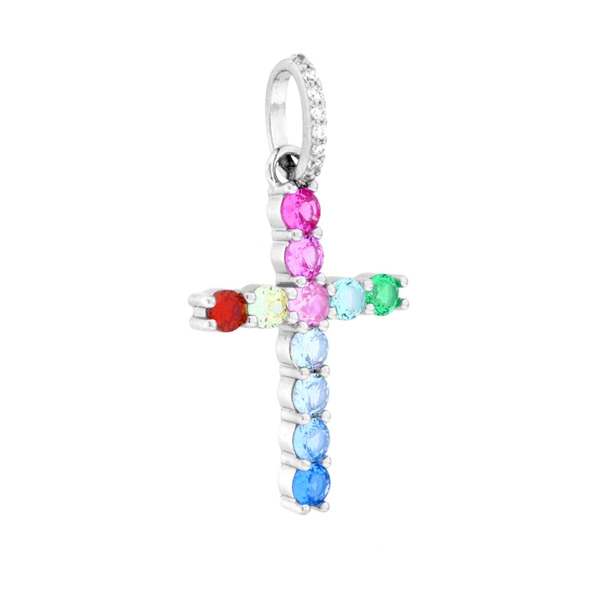 Ciondolo Croce con Cubic Zirconia Multicolor in ARGENTO 925 Galvanica Rodio