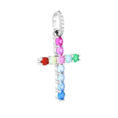 Ciondolo Croce con Cubic Zirconia Multicolor in ARGENTO 925 Galvanica Rodio