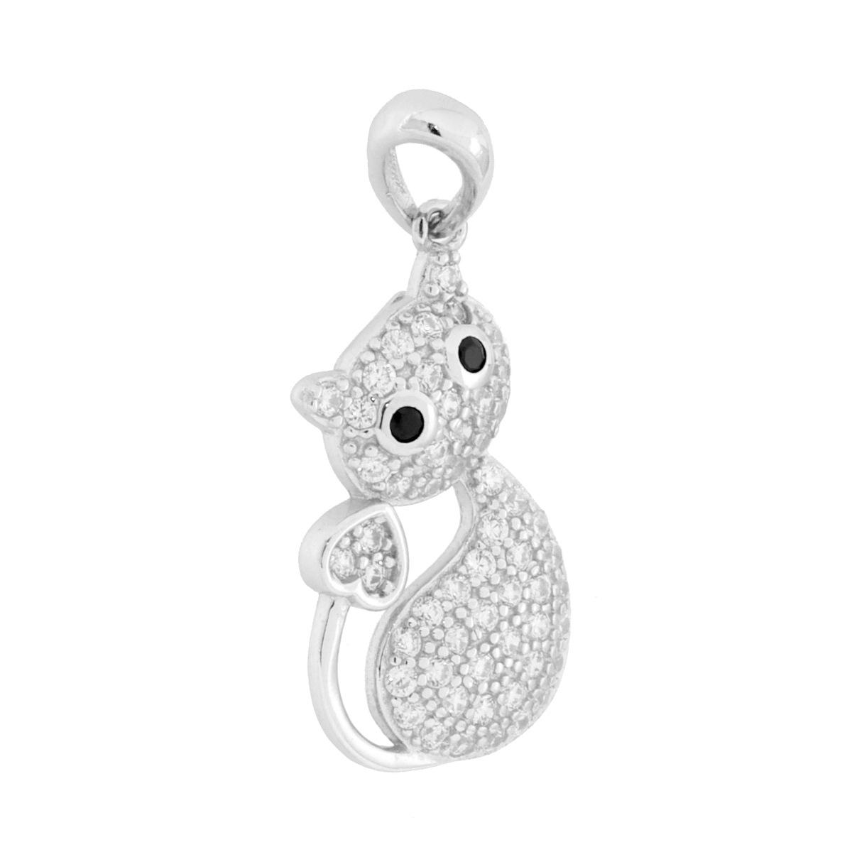 Ciondolo Gatto con Cuore e Cubic Zirconia Bianchi in ARGENTO 925 Galvanica Rodio