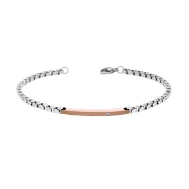 Bracciale Uomo Catena Veneziana Esagonale con Targa Bronzo e Crystal Bianco in ACCIAIO