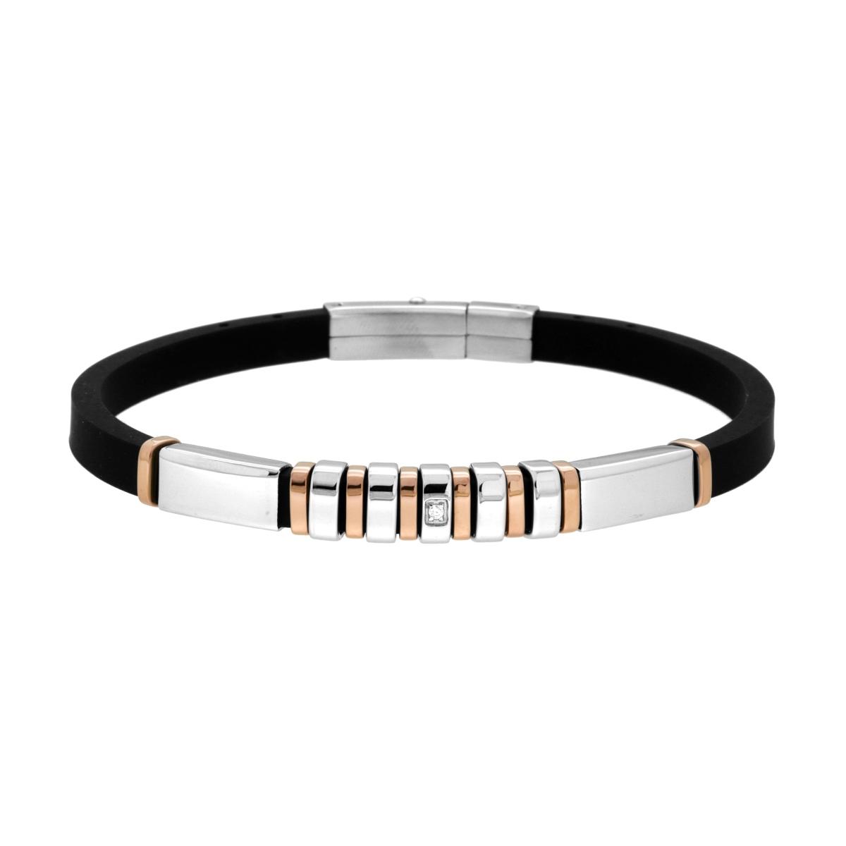 Bracciale Uomo in PVC Caucciu Nero con Accessori Rosa e Crystal Bianco in ACCIAIO