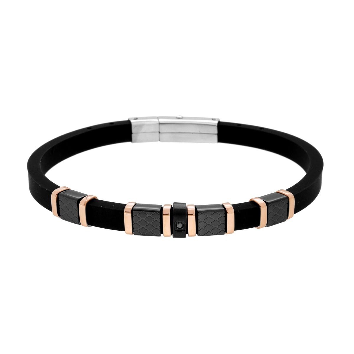 Bracciale Uomo in PVC Caucciu Nero con Accessori con Decoro Geometrico Nero e Rosa con Crystal Nero in ACCIAIO