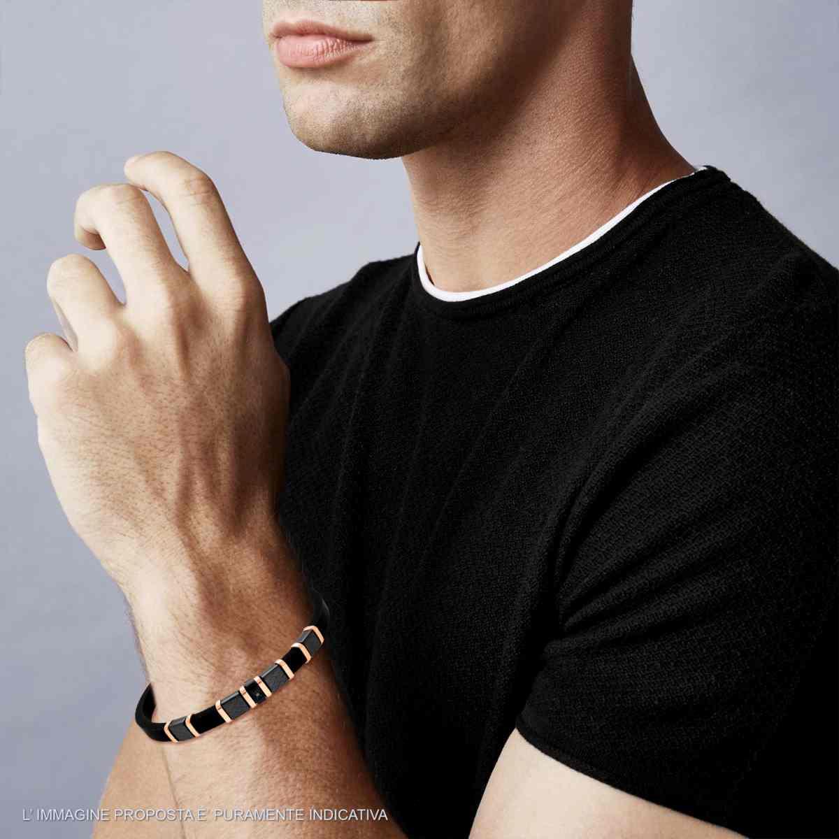 Bracciale Uomo in PVC Caucciu Nero con Accessori con Decoro Geometrico Nero e Rosa con Crystal Nero in ACCIAIO