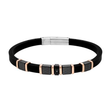 Bracciale Uomo in PVC Caucciu Nero con Accessori con Decoro Geometrico Nero e Rosa con Crystal Nero in ACCIAIO