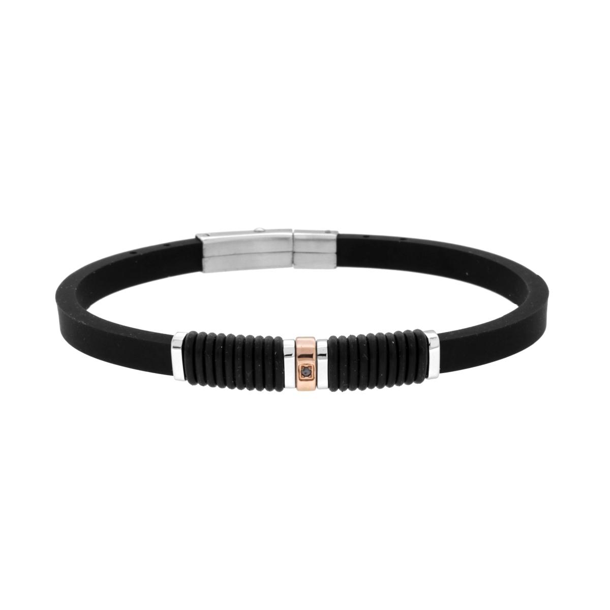 Bracciale Uomo in PVC Caucciu Nero con Accessori Rosa e Crystal Nero in ACCIAIO