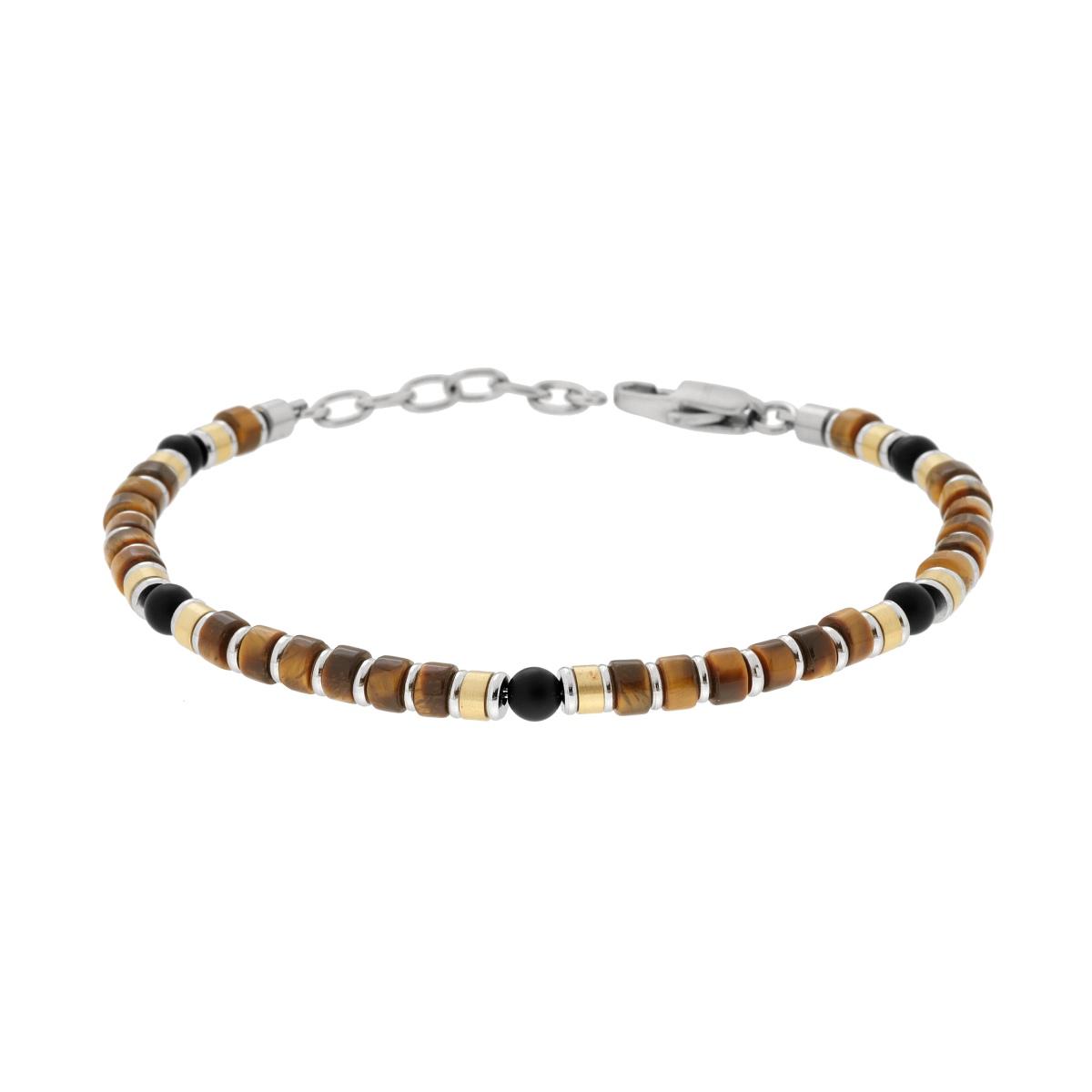 Bracciali Catena con Pietre Occhio di Tigre con Cilindretti colore Oro e Accessori in ACCIAIO