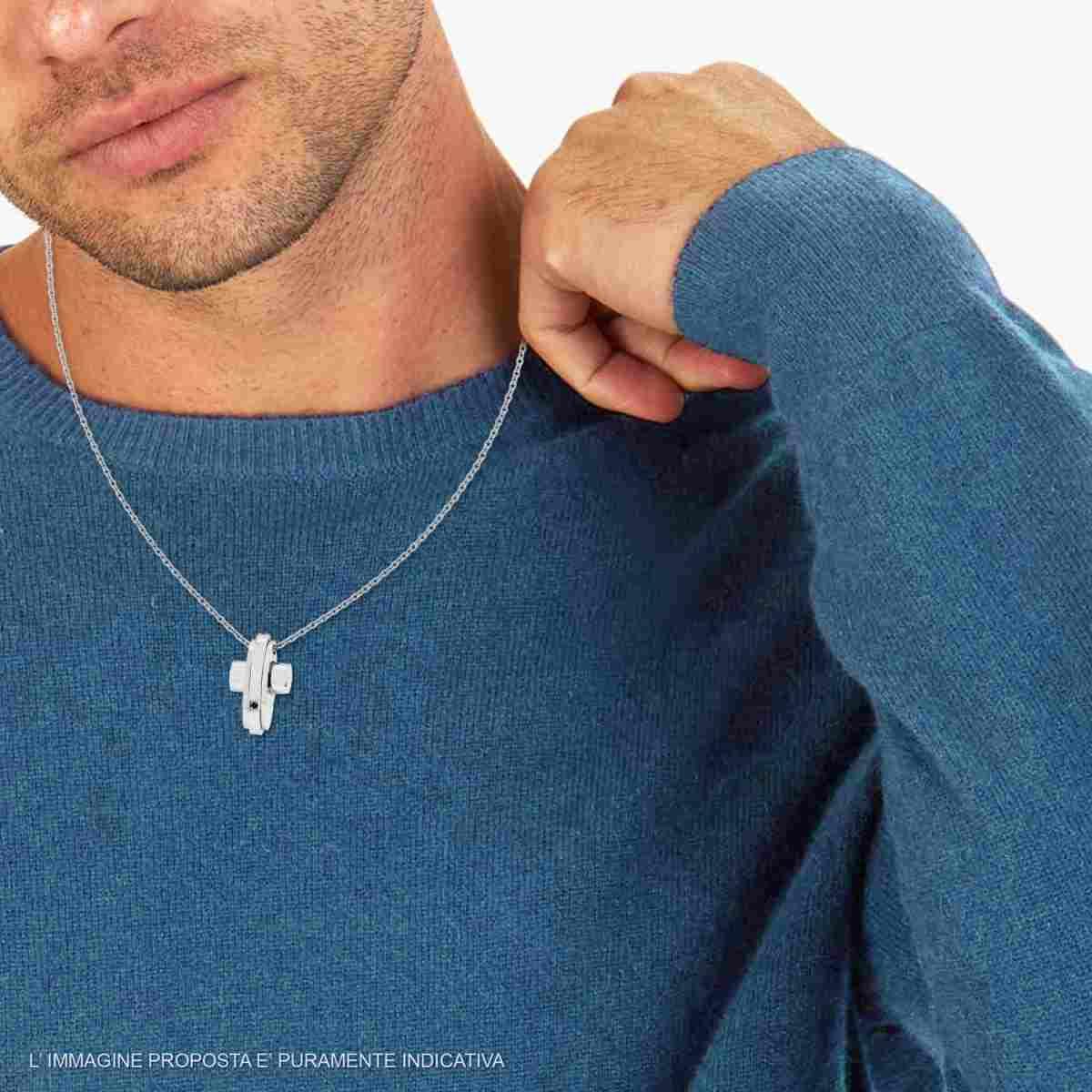 Collana con Catena Forzatina Diamantata con Croce e Crystal Nero in ACCIAIO