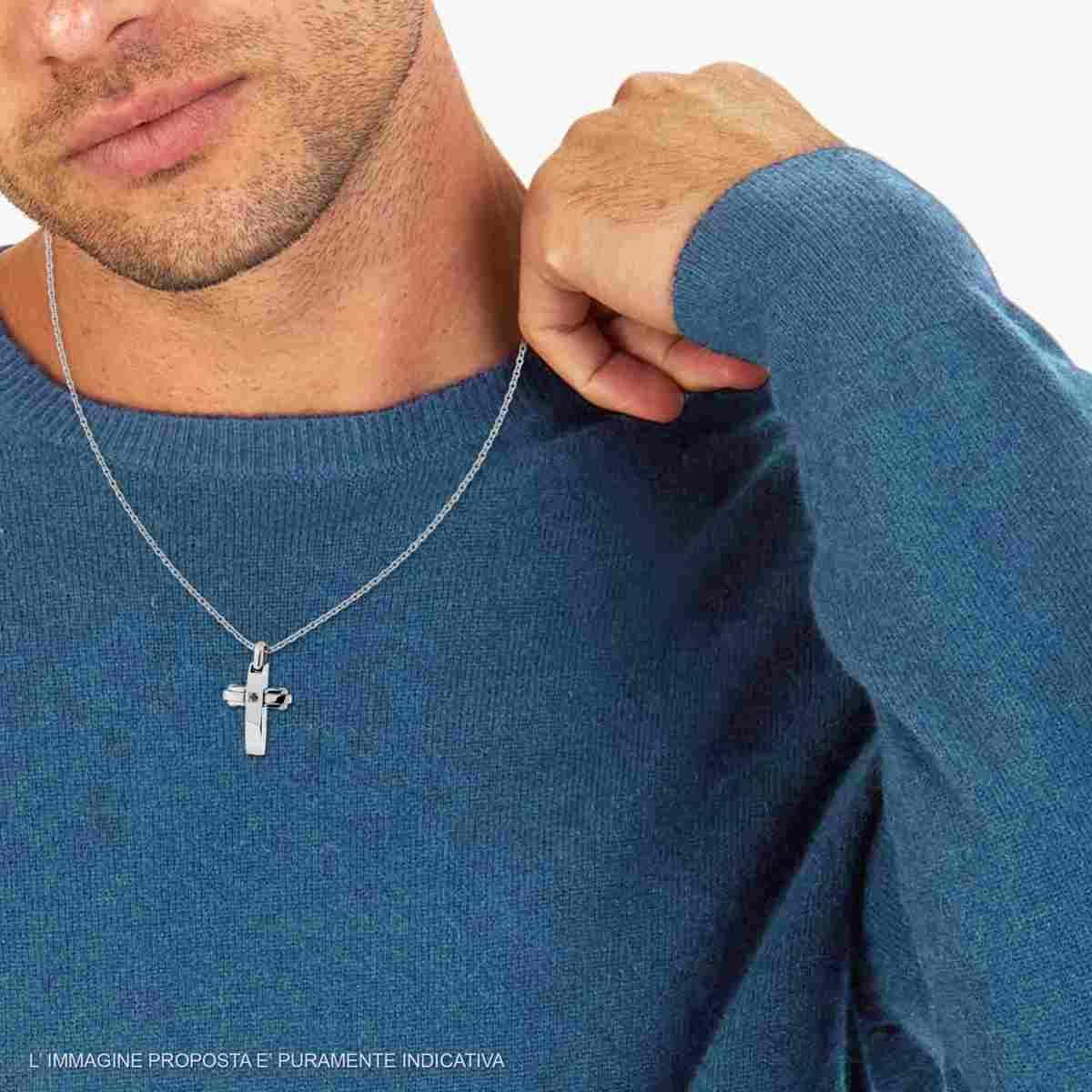 Collana con Catena Forzatina Diamantata con Croce e Crystal Nero in ACCIAIO