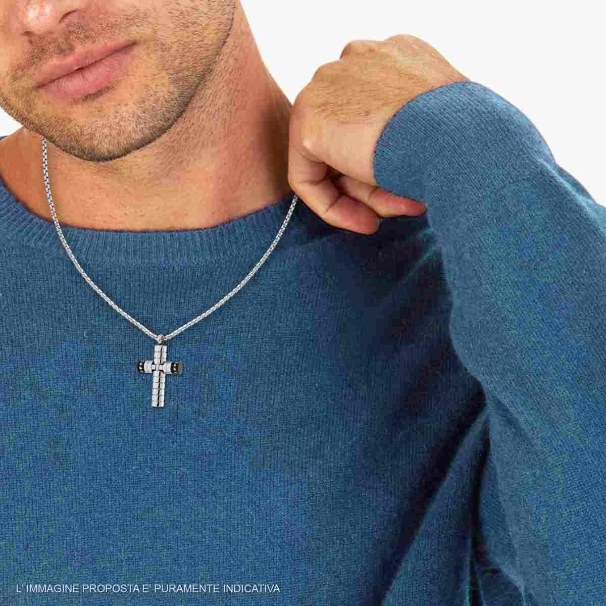 Collana Catena Veneziana Tonda con Croce Tubolare e Crystal Bianchi in ACCIAIO