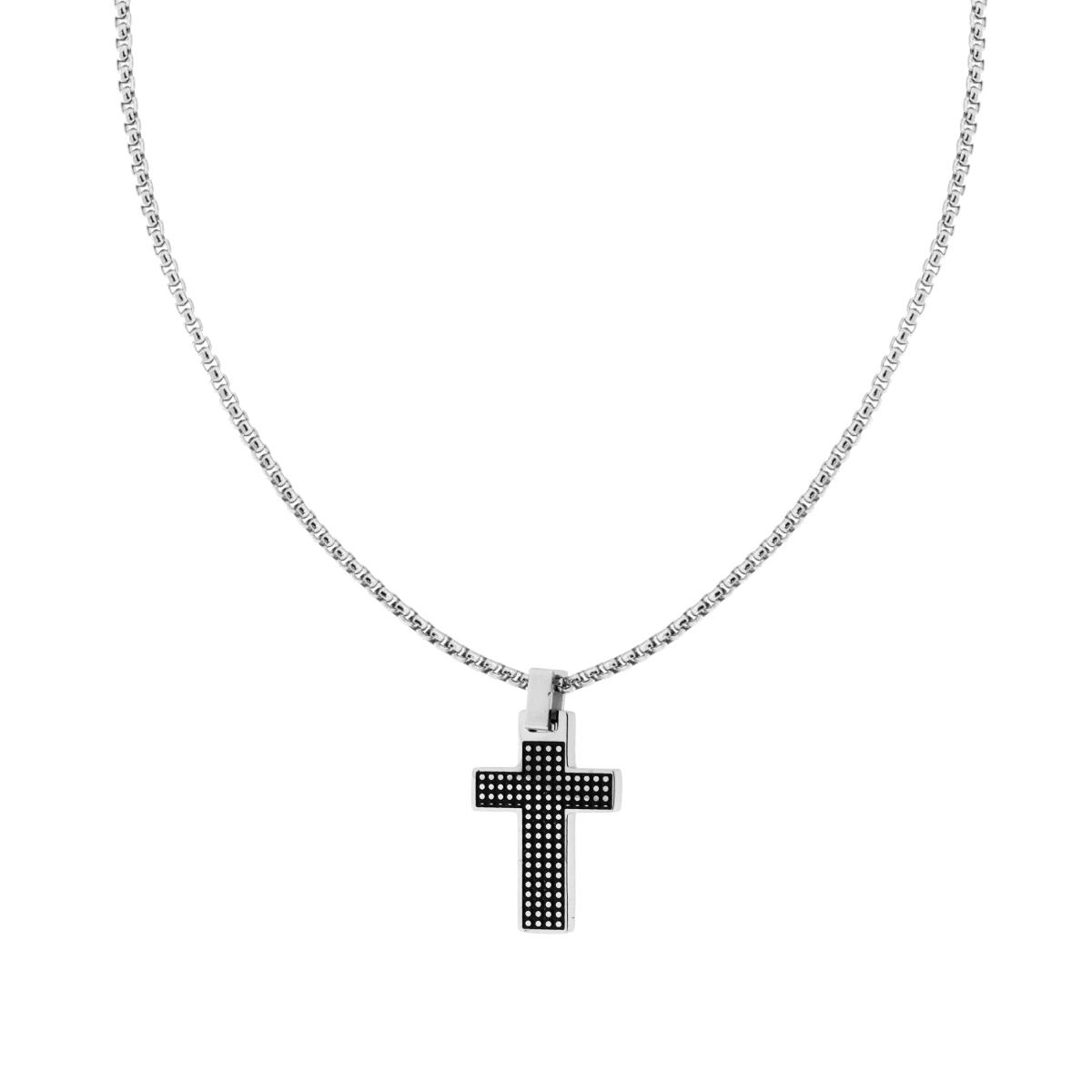 Collana Catena Veneziana Tonda e Croce con Decoro Pallinato in ACCIAIO