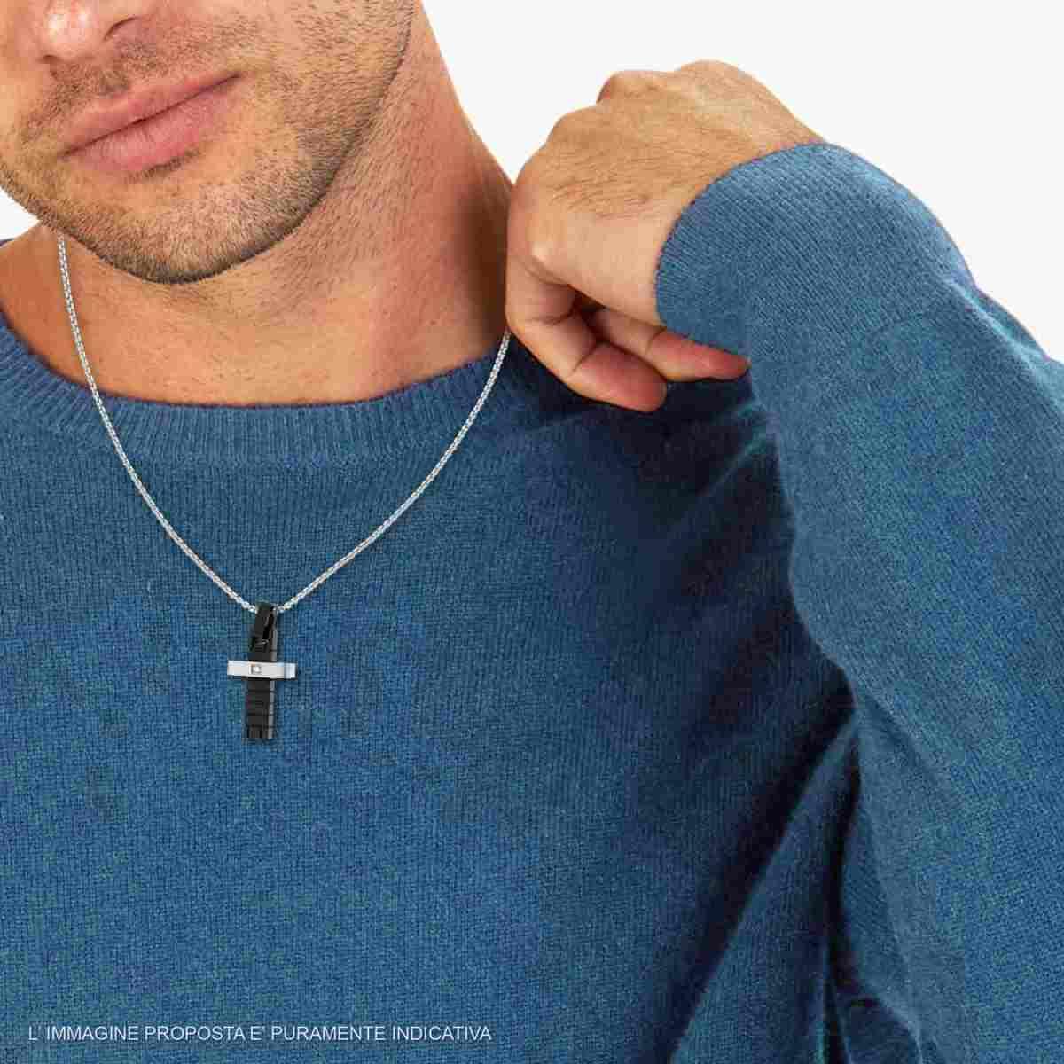 Collana Catena Veneziana Tonda con Croce Nera e Crystal Bianco in ACCIAIO