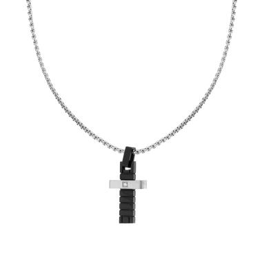 Collana Catena Veneziana Tonda con Croce Nera e Crystal Bianco in ACCIAIO