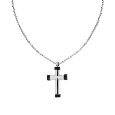 Collana Catena Veneziana Tonda e Croce con Dettaglio Nero in ACCIAIO