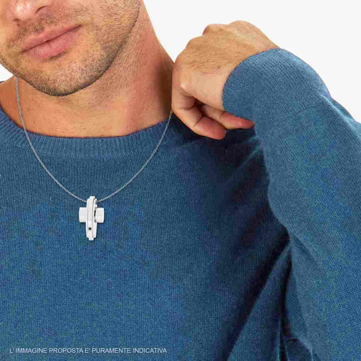 Collana Catena Forzatina Diamantata con Croce e Crystal Nero in ACCIAIO