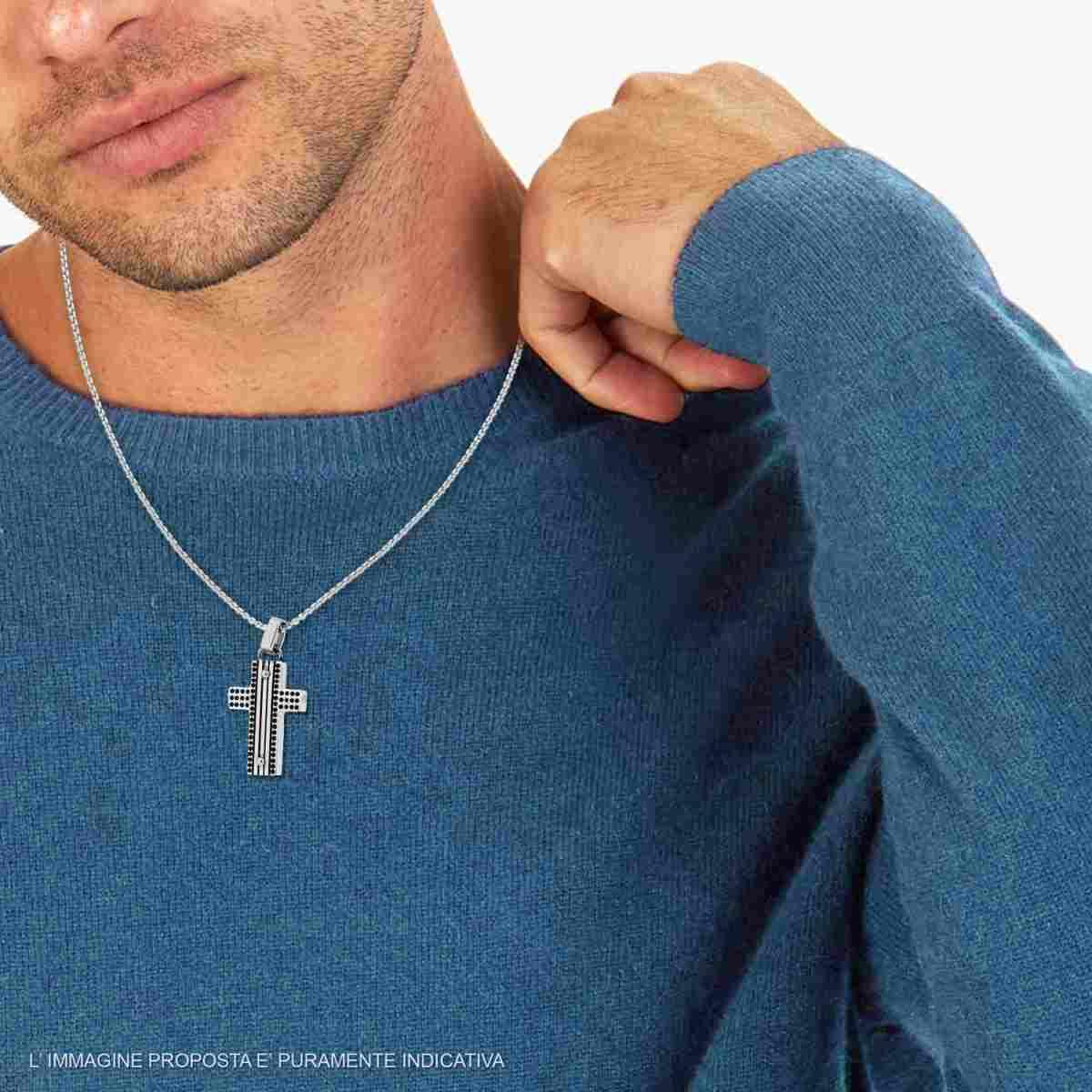 Collana Catena Veneziana Tonda e Croce con Decoro Pallinato in ACCIAIO