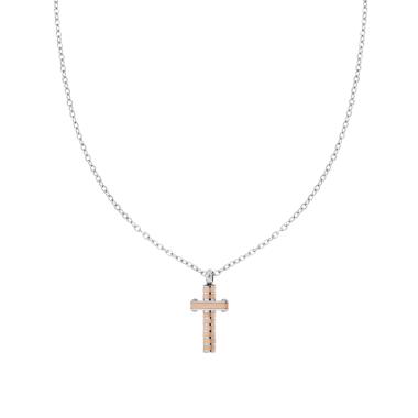 Collana Catena Forzatina Diamantata con Croce Rosa in ACCIAIO