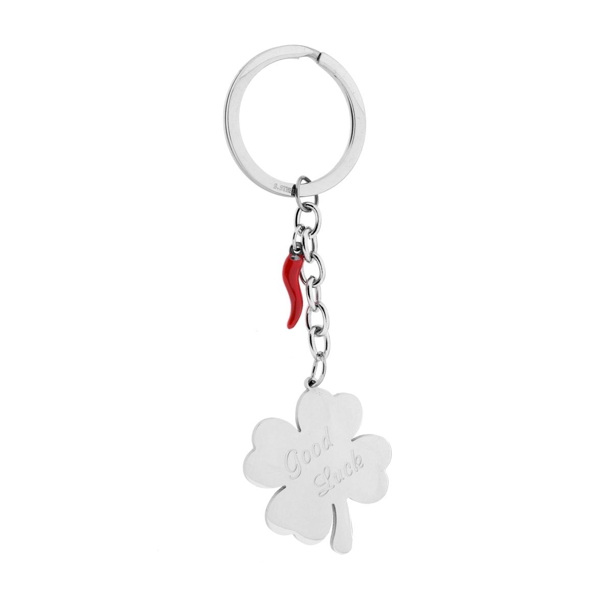 Portachiavi Uomo Donna ad Anello con Piastra Quadrifoglio con frase Good Luck e Corno Rosso in ACCIAIO