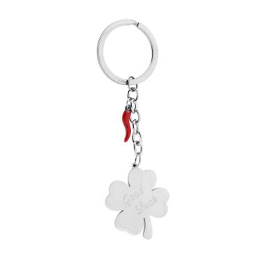 Portachiavi Uomo Donna ad Anello con Piastra Quadrifoglio con frase Good Luck e Corno Rosso in ACCIAIO