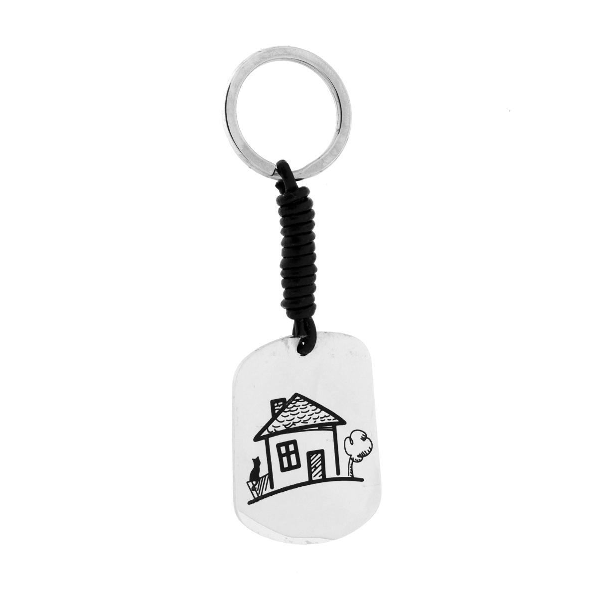 Portachiavi Uomo Donna ad Anello con Caucciu annodato e Piastra con disegno Casa in ACCIAIO