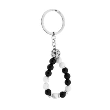 Portachiavi Uomo Donna ad Anello con Pietre Bianche e Nere e Pallone Calcio in ACCIAIO