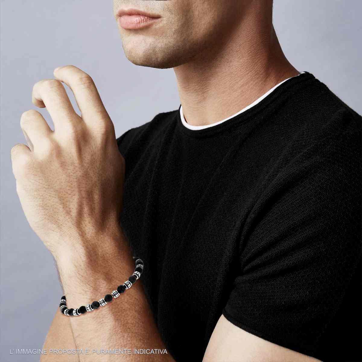 Bracciale Catena con Palline Nero Onice ed Accessori in ACCIAIO