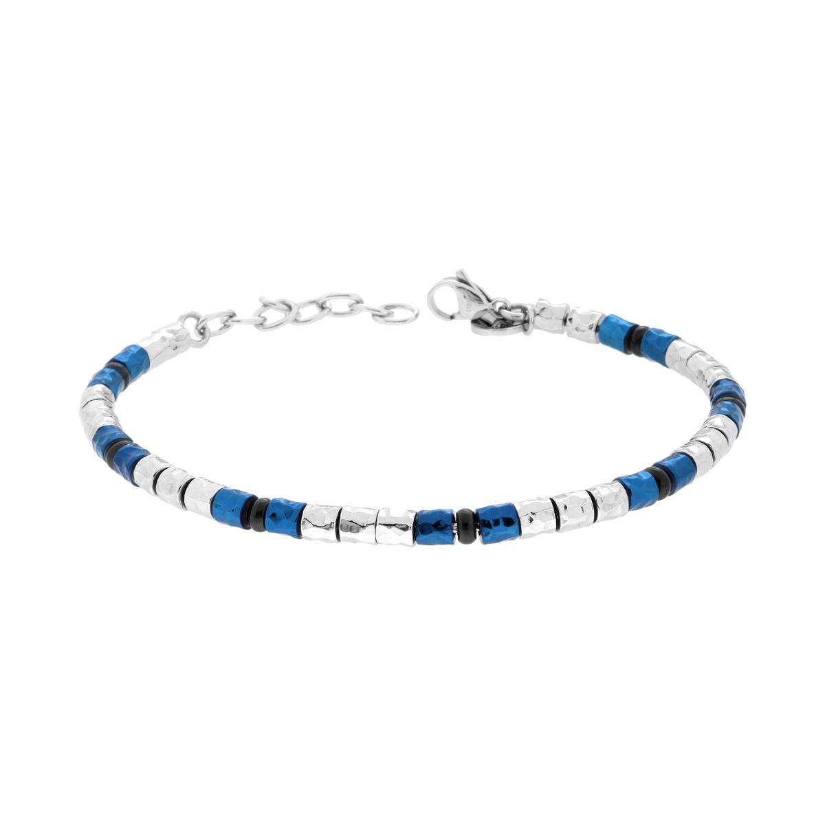 Bracciale Catena con Cilindri Blu martellati ed Accessori Neri in ACCIAIO