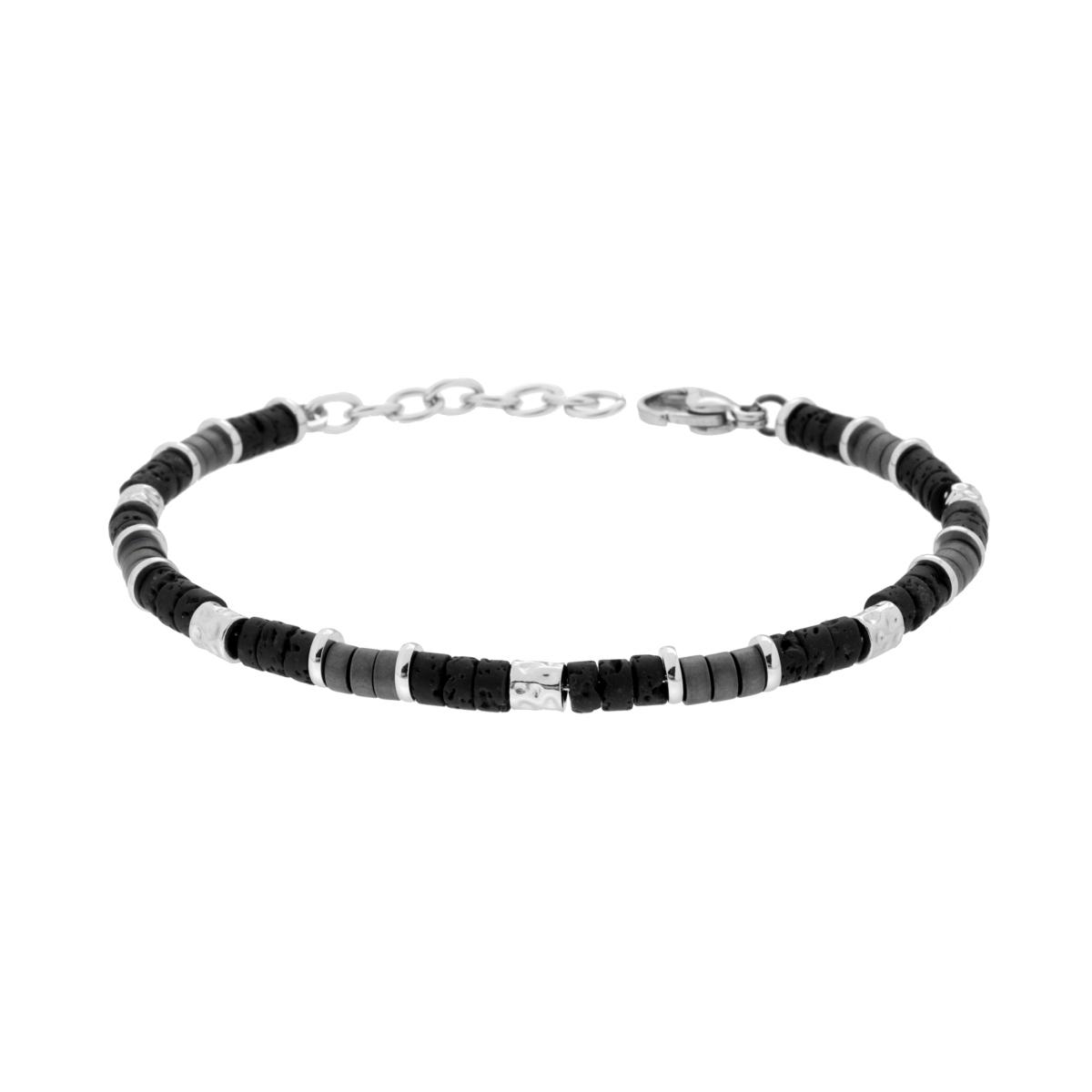 Bracciale Catena con Pietra Lavica Nera Cilindri colore Griglio e Martellati in ACCIAIO