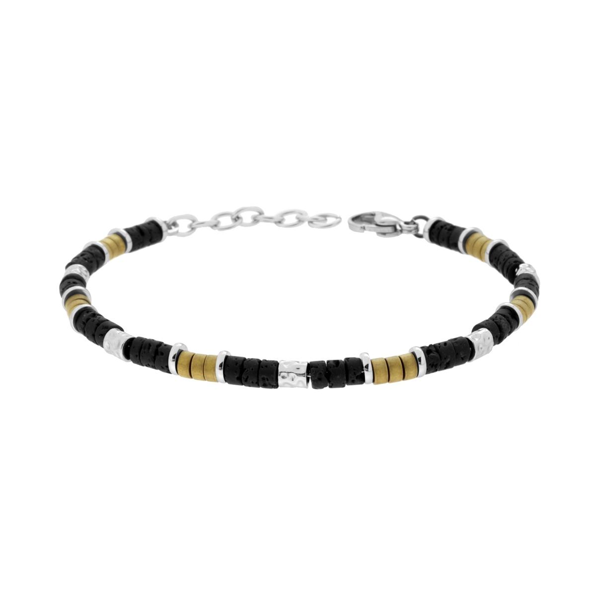 Bracciale Catena con Pietra Lavica Nera Cilindri colore Oro e Martellati in ACCIAIO