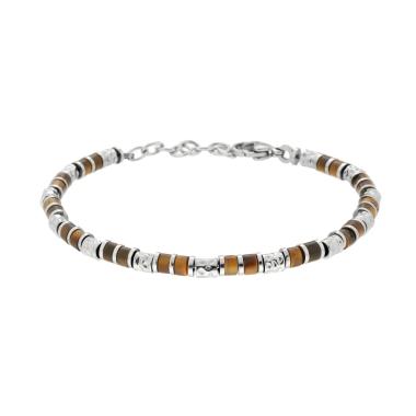 Bracciale Catena con Pietre Occhio di Tigre e Cilindri martellati in ACCIAIO