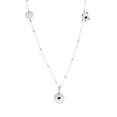 Collana Catena Forzatina Diamantata con Palline cm 90 Chiama Angeli con Cuore e Orsetto Smalto Rosa in ACCIAIO e BRONZO