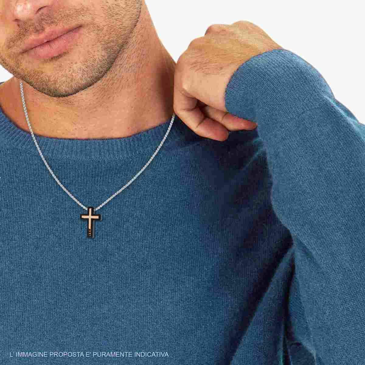 Collana Catena Veneziana Tonda con Croce Nera e Rosa e Crystal Neri in ACCIAIO