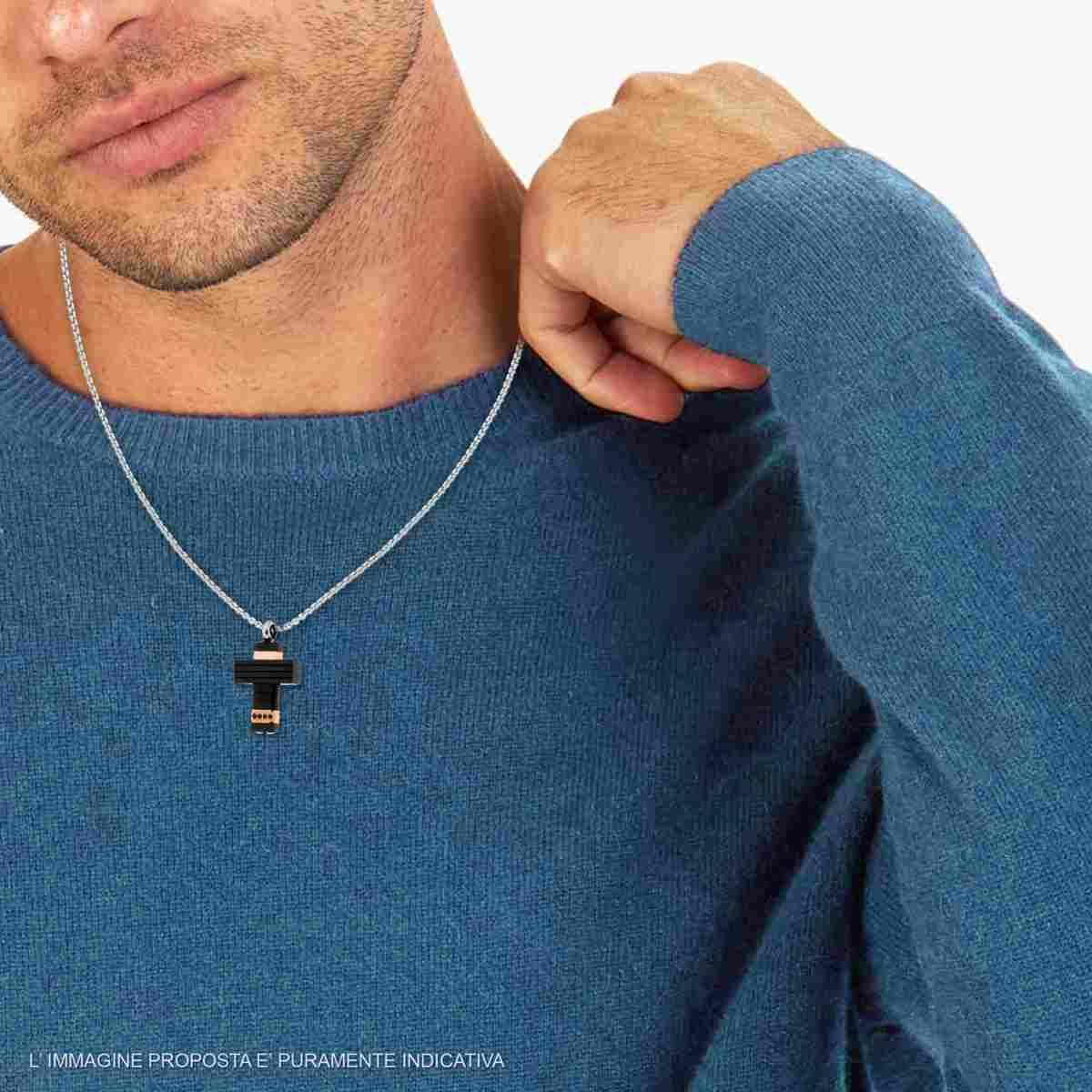 Collana Catena Veneziana Tonda con Croce Nera e Rosa e Crystal Neri in ACCIAIO