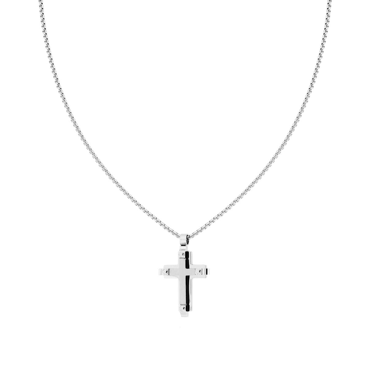 Collana Catena Veneziana Tonda con Croce sormontata da Croce satinata in ACCIAIO