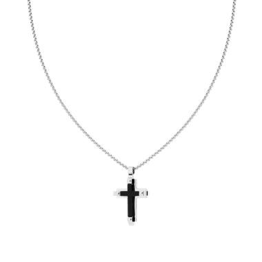 Collana Catena Veneziana Tonda con Croce sormontata da Croce colore Nero satinata in ACCIAIO