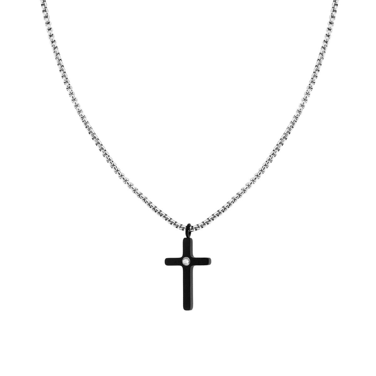 Collana Catena Veneziana Tonda con Croce Nera e Crystal Bianco in ACCIAIO