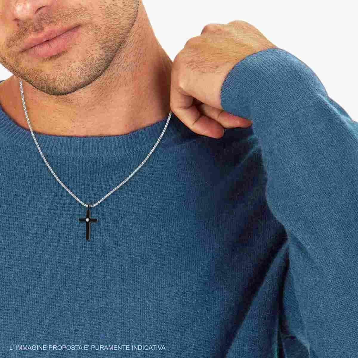 Collana Catena Veneziana Tonda con Croce Nera e Crystal Bianco in ACCIAIO