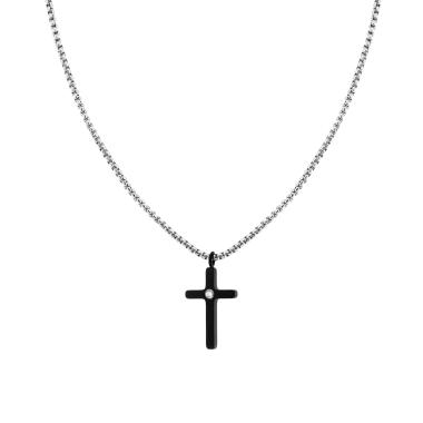 Collana Catena Veneziana Tonda con Croce Nera e Crystal Bianco in ACCIAIO
