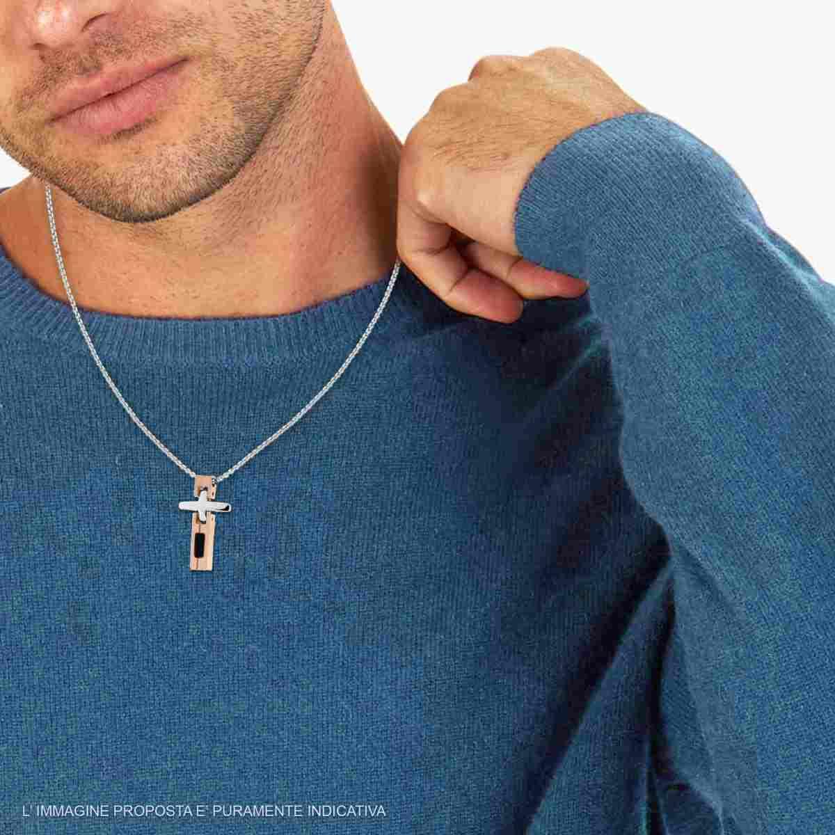 Collana Catena Veneziana Tonda con Croce Segmentata e Imperniata Rosa in ACCIAIO