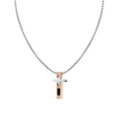 Collana Catena Veneziana Tonda con Croce Segmentata e Imperniata Rosa in ACCIAIO